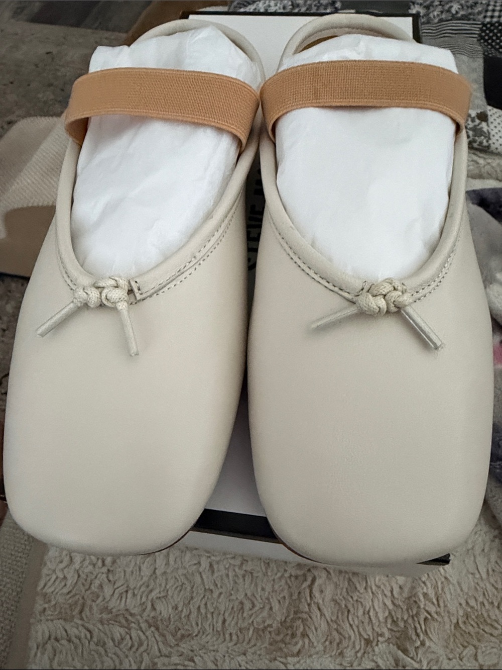 Steve Madden Cream Ballet Mule with Tan Elastic Strap - Picture 2 of 7